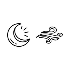 Obraz premium Charming doodle icons of a crescent moon with rays and swirling wind, evoking nighttime, weather, and gentle natural elements.