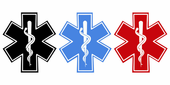 Three star of life symbols in black blue and red colors