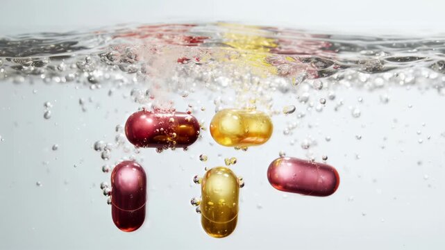 Vibrant food supplements dissolving in clear water, highlighting freshness, active ingredients, and modern health concepts for impactful product promotion