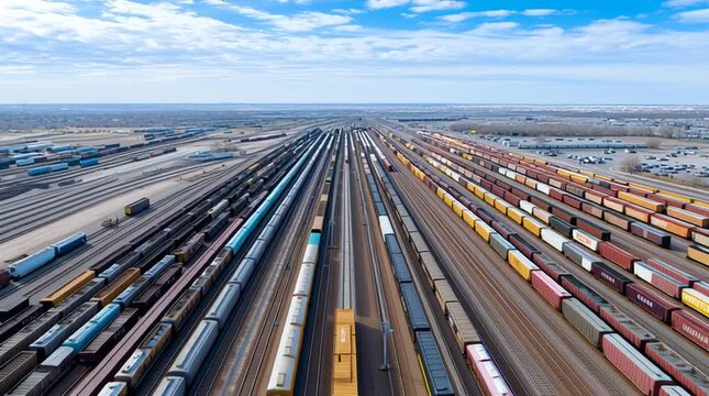 Railway Cargo Hub: An expansive aerial view showcases a bustling railway cargo hub, illustrating the scale and efficiency of modern transportation and logistics.
