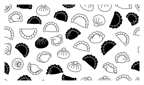 Seamless pattern with various asian dumplings and dim sum in black and white