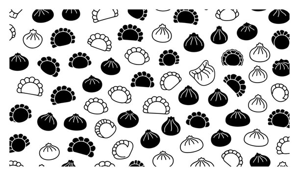 Seamless background pattern featuring various chinese dumplings and dim sum icons