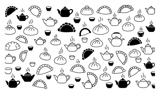 Seamless pattern with asian dumplings and teapots for dim sum menu