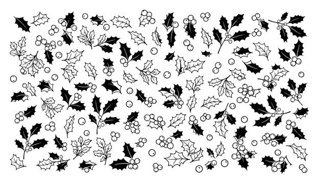 Seamless pattern featuring christmas holly leaves and berries in black and white style
