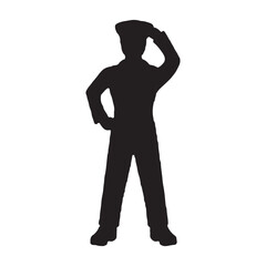 Obraz premium Silhouette of a young woman in a black dress standing in elegant pose vector illustration