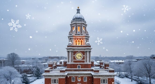 Historic clock tower in winter landscape with snowflakes and overcast sky