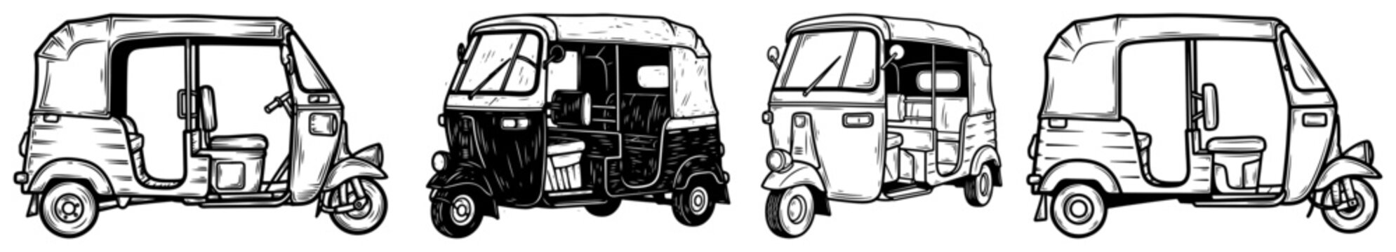 Set of traditional indian auto rickshaw taxis in sketch style