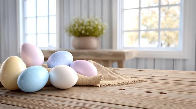 Easter Eggs on Wooden Table: A collection of pastel-colored eggs graces a rustic wooden table, embodying the fresh and cheerful essence of Easter, with gentle light filtering in from a nearby window.