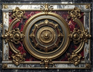 Obraz premium Imperial Baroque Gold Medallion on Burgundy and Black Marble, Antique Palace Ceiling Ornament with Classical Frame