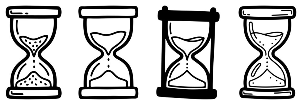 Set of hand drawn hourglass and sandglass vector illustrations in black