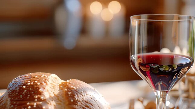 Elegant Communion: A crystal glass of rich red wine and a golden loaf of bread sit serenely on a table, creating a sense of peace. The soft candlelight adds warmth to the setting.