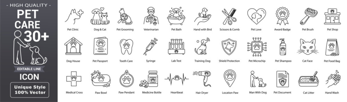 Pet care and veterinary line icon set. Including editable outline animal, pets, healthcare, medical, grooming, vet clinic elements and more collection. Editable stroke. Vector illustration