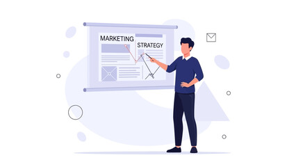Obraz premium Man presenting marketing strategy graph on whiteboard