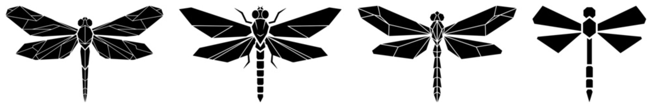 Geometric and abstract dragonfly insect symbols in black silhouette style