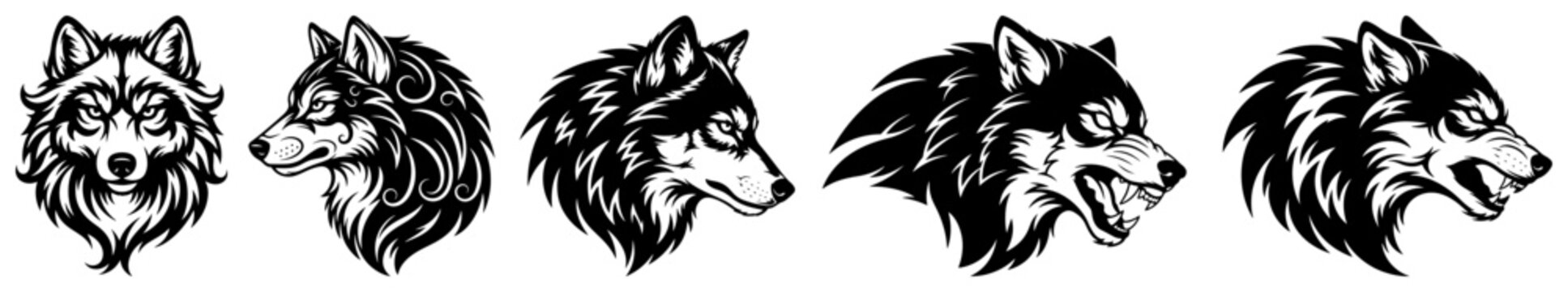Set of wild wolf head illustrations in tattoo style