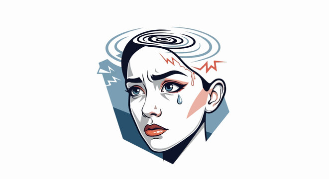 Troubled young woman's face shows distress with tear, sweat, and mental storm
