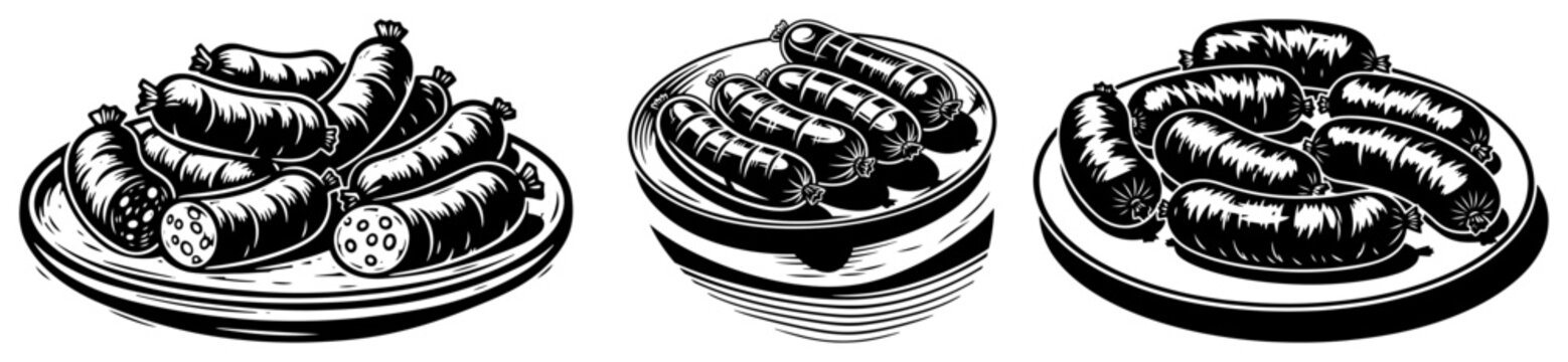Hand drawn grilled sausage meat platters in vintage woodcut style