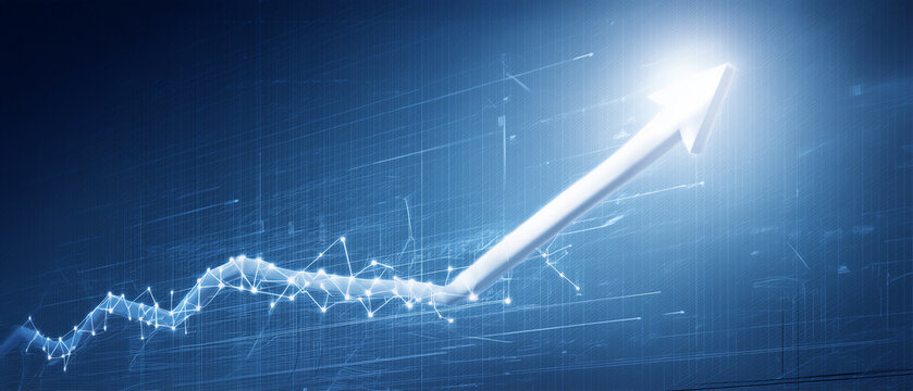Gr&aacute;fico financeiro com linha ascendente, brilho e seta em alta, representando crescimento econ&ocirc;mico, valoriza&ccedil;&atilde;o, lucro, desempenho positivo e expans&atilde;o dos investimentos.