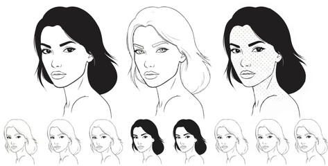 Three stylized portraits of a woman's face and neck in black and white