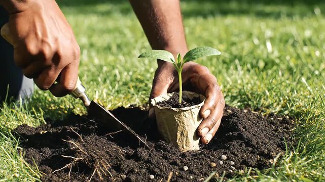 Person planting a small green sapling in the garden soil.