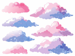Watercolor clouds in shades of pink purple and blue against white