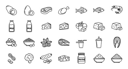 Protein Food Source Thin Line Icon Collection with Egg Meat Milk Fish Beans and Healthy Nutrition Outline Vector Set © Kulsum