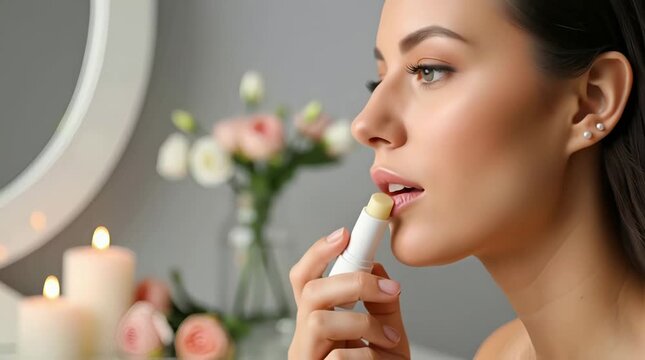 Beautiful young woman applying lip balm in a softly lit bathroom setting creating a serene and self-care focused atmosphere with candles and floral accents