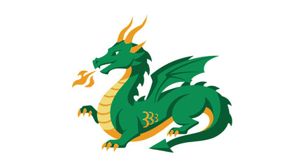 Green dragon illustration with flames on white background fantasy concept