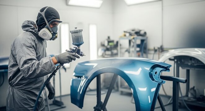 Professional auto body shop worker spray painting car part in protective gear