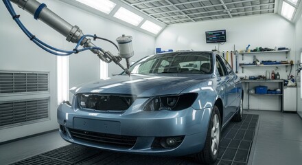 Obraz premium Car undergoing professional paint job in modern automotive spray booth