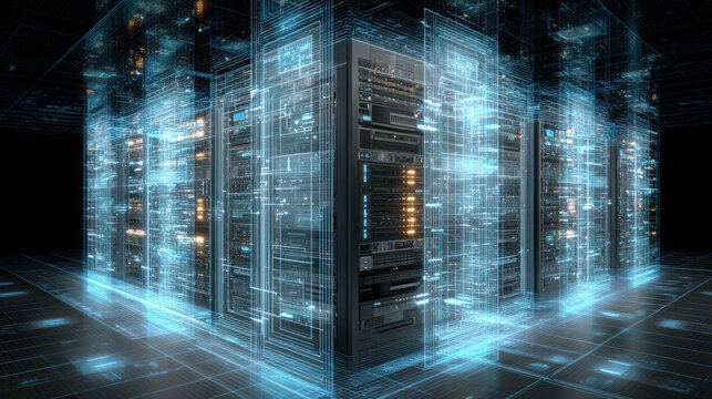 Futuristic data center with server racks under blue neon grids, glowing nodes trace virtual network layers, reflections on the floor and dark void, concept of cloud computing and cybersecurity