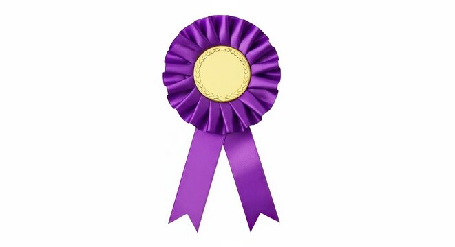 Purple award ribbon rosette with blank golden medal center isolated on white background for first place achievement recognition