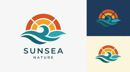 Obraz premium This logo beautifully depicts a sunset over ocean waves, combining vibrant colors that evoke feelings of relaxation and the calming atmosphere of seaside environments.