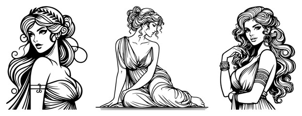 Beautiful ancient greek goddesses with long wavy hair in elegant robes vector set