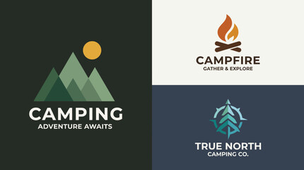 A captivating logo set featuring outdoor camping themes, illustrated mountains, a campfire, and vibrant colors inviting exploration and adventure in nature's embrace. © uki