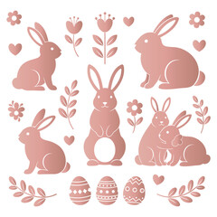 Obraz premium A cute Easter illustration featuring pink bunnies and eggs on a white background