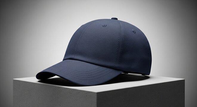 Navy Blue Baseball Cap Mockup on Concrete Podium
