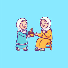 Muslim Girl Donating to Elderly Woman