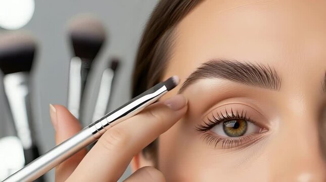 Close-up of a young woman applying eye makeup with a blending brush in a bright modern beauty studio setting demonstrating professional cosmetic techniques and skincare routines