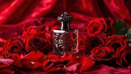 A FlyPro_Firefly heavy, ornate perfume flacon featuring intricate carvings, majestically nestled amongst deep red roses and velvety crimson petals, creating a luxurious high-resolution scene.