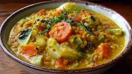 Warm bowl of lentil stew with vegetables served in a rustic setting