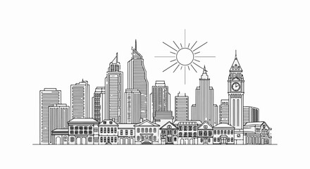 Obraz premium Stylized line drawing of a cityscape with modern and historic buildings under the sun