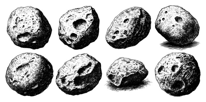 Set of various asteroids and space rocks in hand drawn vintage engraving style