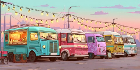Obraz premium Pixelated Food Trucks Lined Up at Twilight with String Lights and Warm Glow Aesthetic and Light Purple Sky Background and Soft Texture and Muted Colors