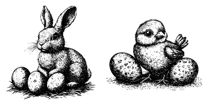 Vintage hand drawn illustrations of Easter bunny and baby chick with eggs in etching style