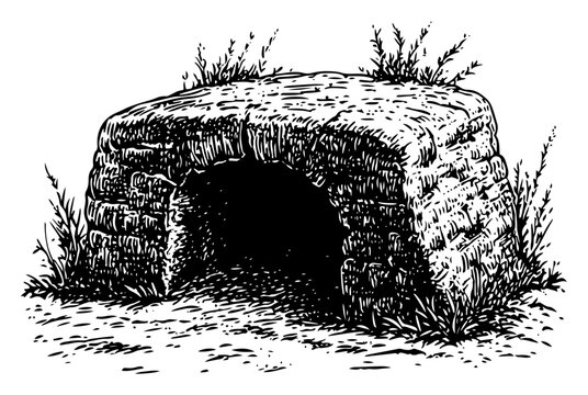 Vintage hand drawn sketch of an old stone bridge with grass and weeds