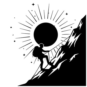 Untitled-23.ai Mountain Climber Silhouette Solar Eclipse Adventure Black and White Illustration