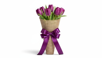Bouquet of purple tulips wrapped in burlap with satin bow