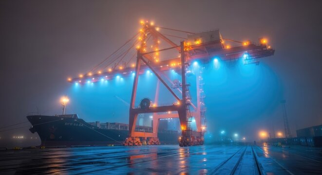 Massive industrial shipping cranes illuminated with vibrant blue and yellow lights at a foggy port at night creating a dramatic and atmospheric scene of global logistics and heavy