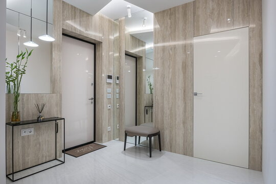 A hallway shows smooth walls and a modern style with a mirror and a small table. A plant adds a touch of nature to this indoor space. Light fixtures hang overhead providing brightness